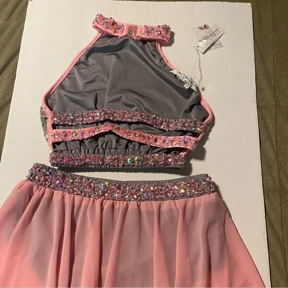 Glamour solo 2 piece dance costume pink gray lyrical embellishbling XLA adult